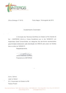 Ofício encaminhado ao Governador José Ivo Sartori comunicando greve de três dias dos servidores